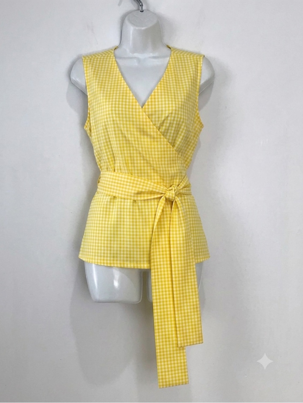 Beachlunchlounge Marley Yellow Gingham Sleeveless Faux Wrap Top 100% Cotton